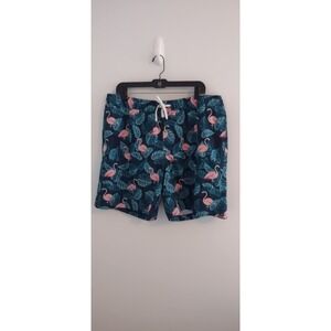 Men's XL Flamingo Palm Leaf TealBlue Pink Drawstring Lined Quick Dry Swim Trunks